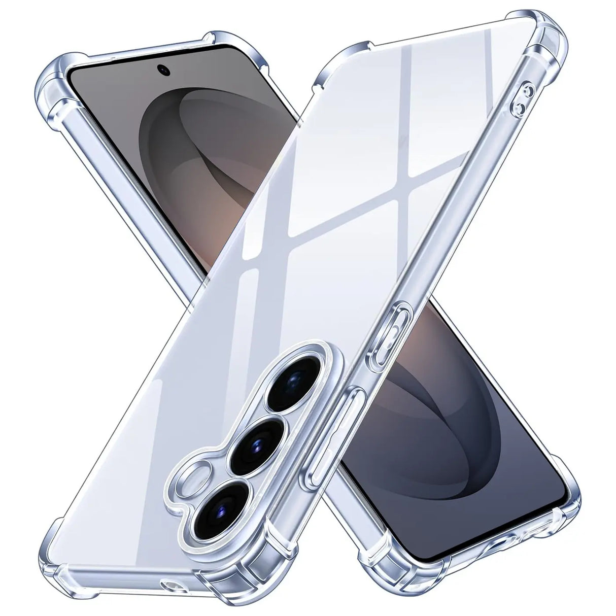 Transparente Silikonhülle mit verstärkten Ecken, schützt Samsung Galaxy S26, von schräg oben