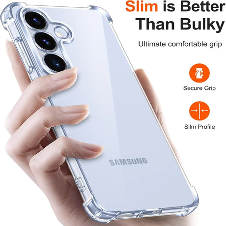 Transparente Hülle aus Kunststoff, die ein Samsung Galaxy S26 umschließt. Von vorne links gezeigt.