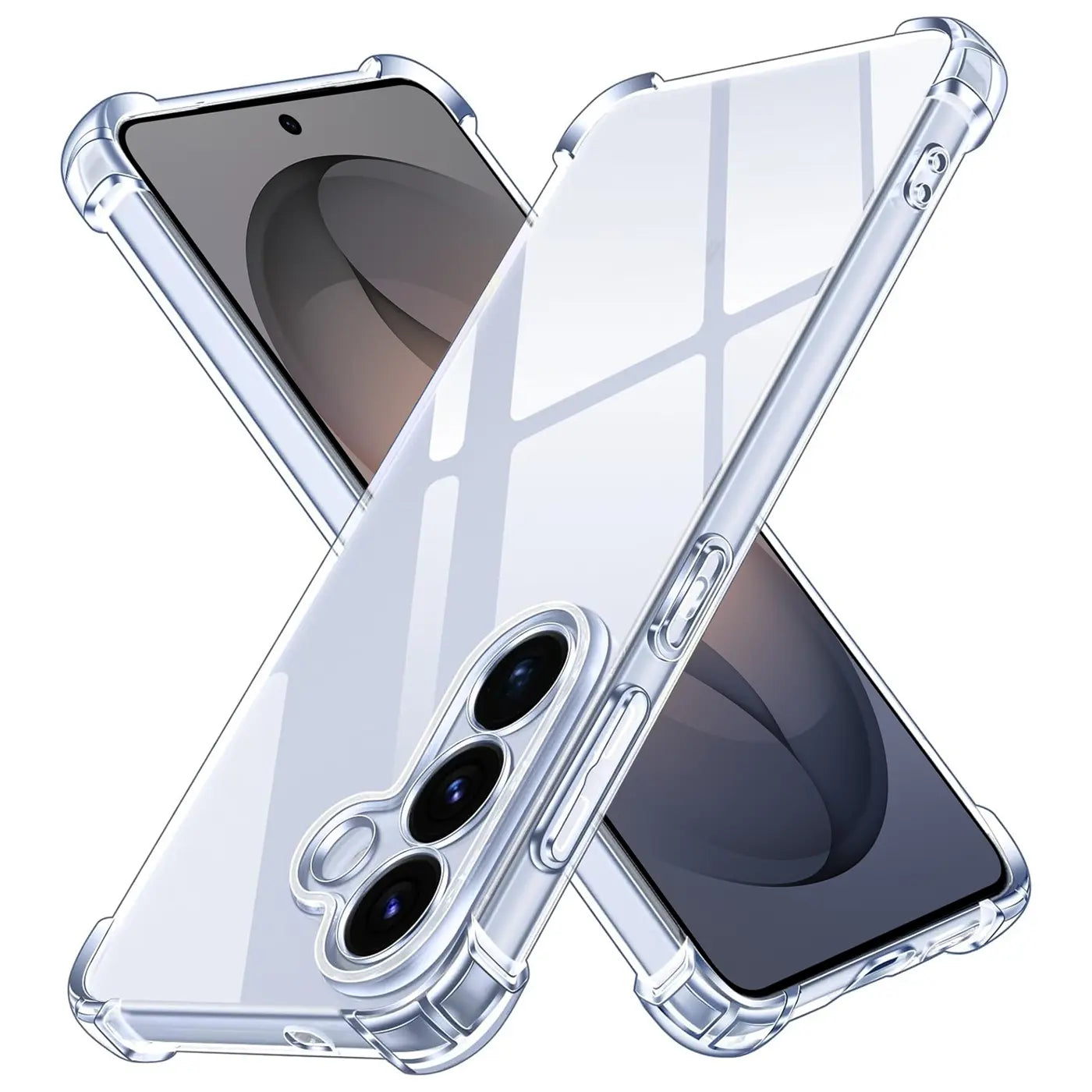 Transparente Silikonhülle mit verstärkten Ecken, schützt Samsung Galaxy S26 Plus.