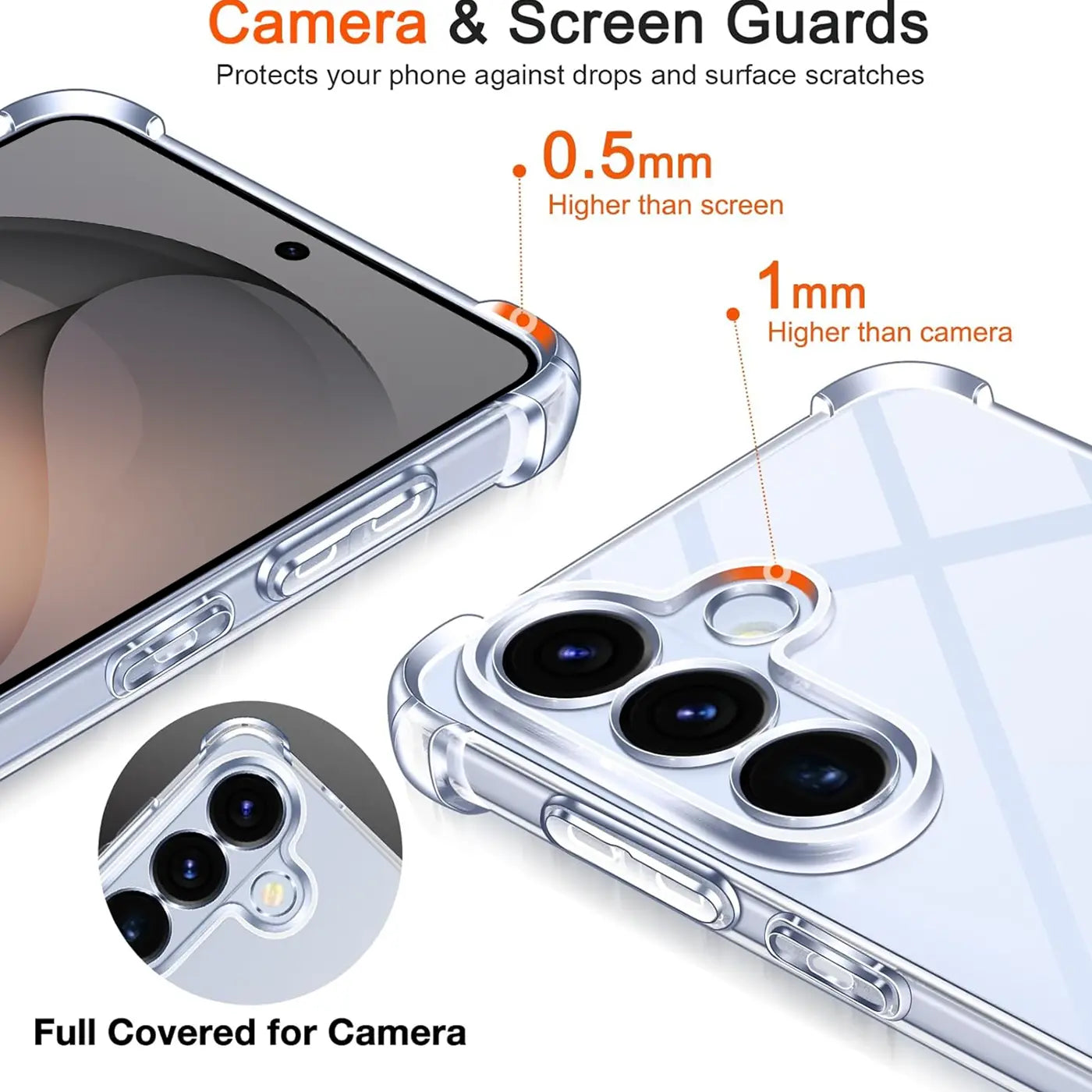 Transparente Hülle aus Kunststoff, Nahaufnahme von Samsung S26 Plus Kamera und Bildschirm.