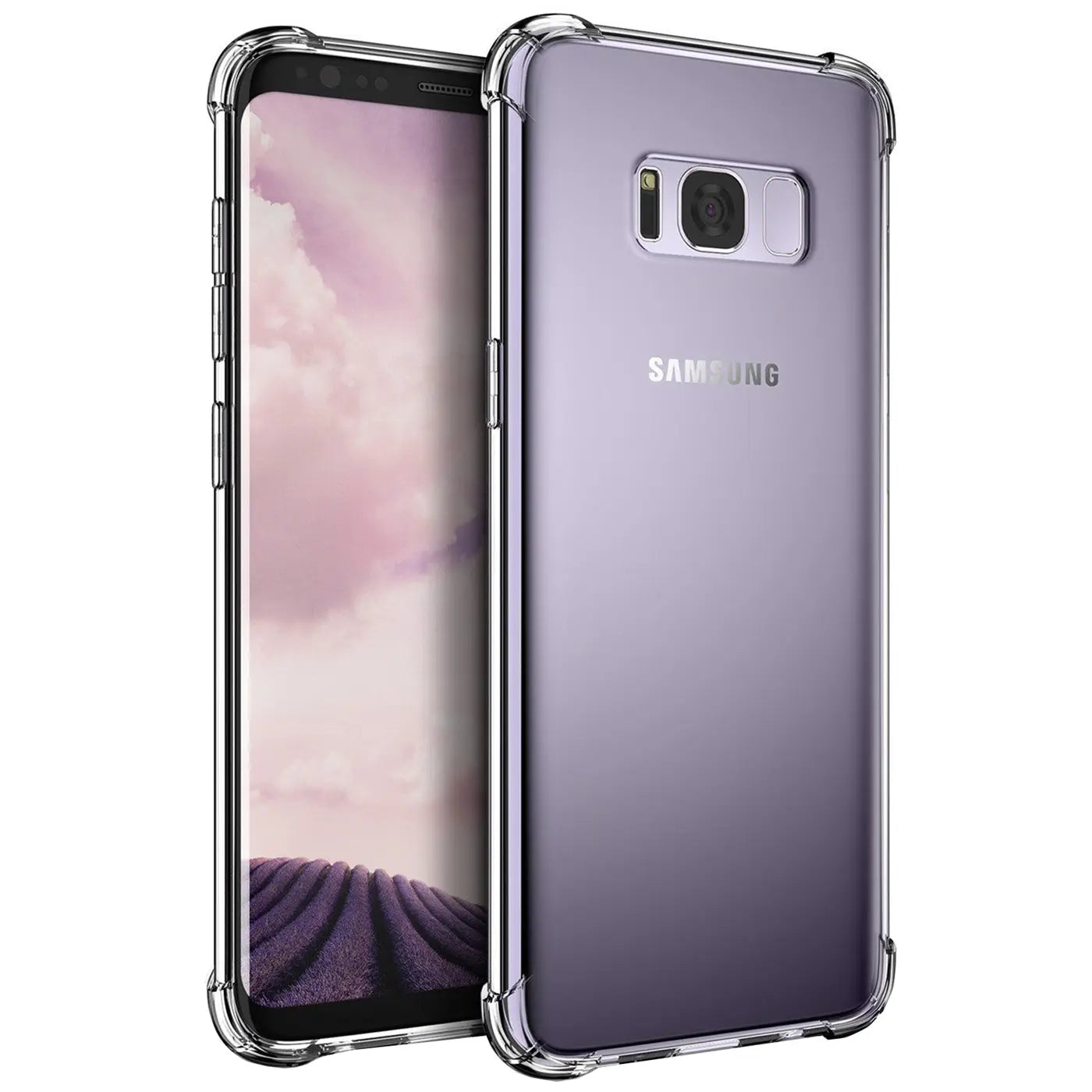 Samsung Galaxy S8 in transparenter Hülle, von schräg vorne, klare TPU-Hülle