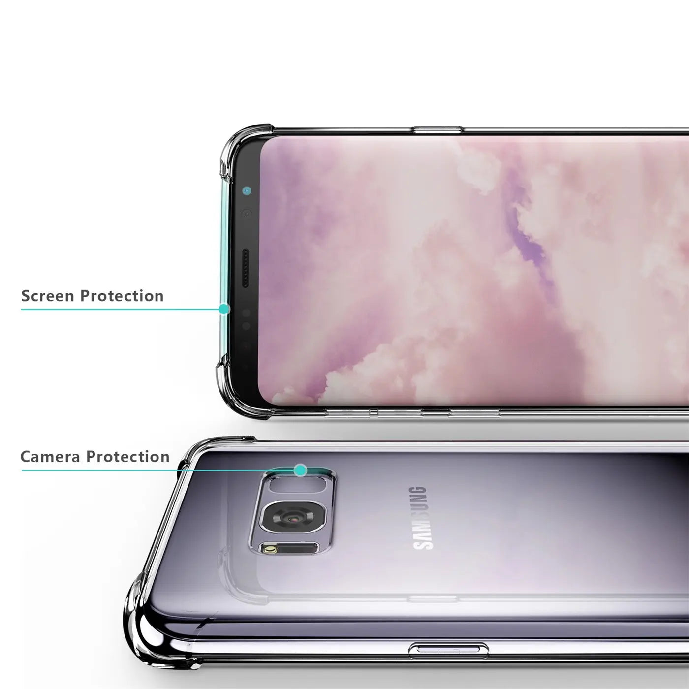 Samsung Galaxy S8 in klarer Hülle, von vorne und hinten gezeigt. Stoßfeste Ecken.