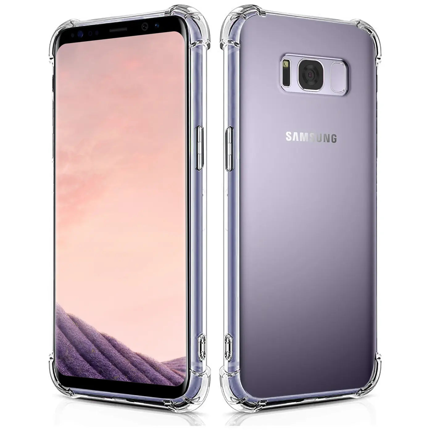 Samsung Galaxy S8 Plus in klarer, stoßfester Hülle, Vorder- und Rückansicht, transparentes TPU.