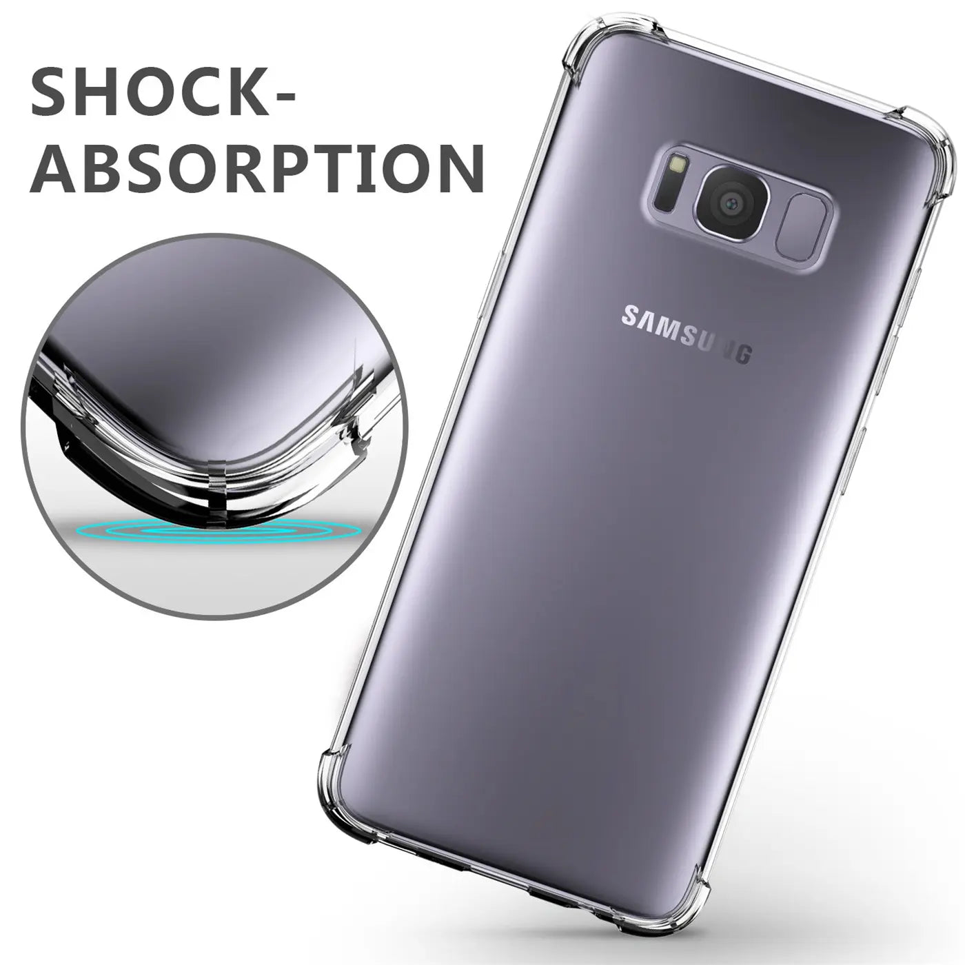 Samsung Galaxy S8 Plus in klarer, stoßfester Hülle, Draufsicht, Nahaufnahme der Ecke