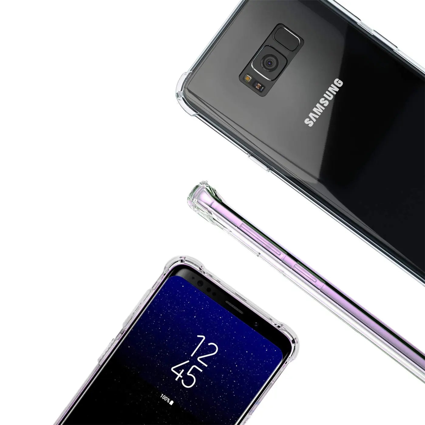 Samsung Galaxy S8 Plus in klarer Hülle, Rückseite und Seite von oben, Vorderseite von unten.