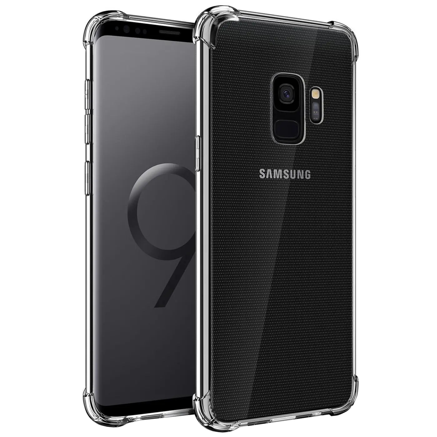 Transparente Hülle mit verstärkten Ecken, zeigt Samsung Galaxy S9, von vorne und hinten.