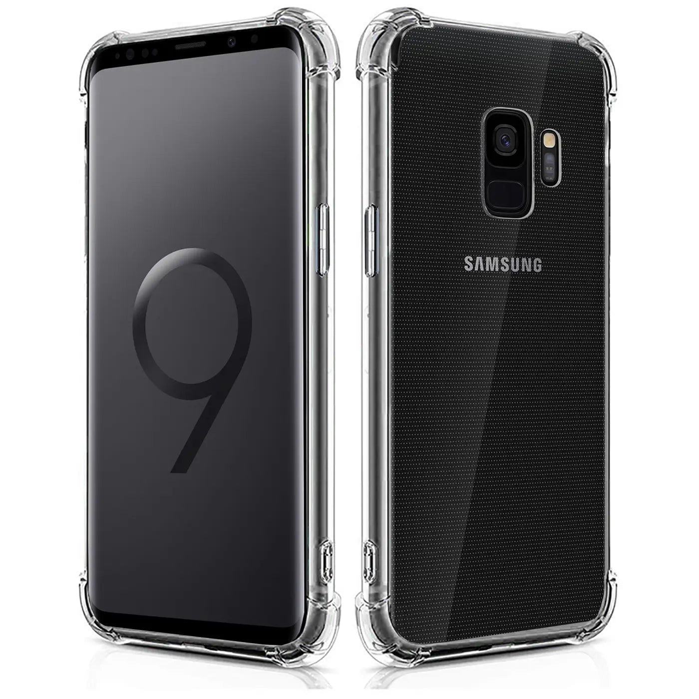 Samsung Galaxy S9 in klarer, stoßfester Hülle, Vorder- und Rückansicht, aus Kunststoff.