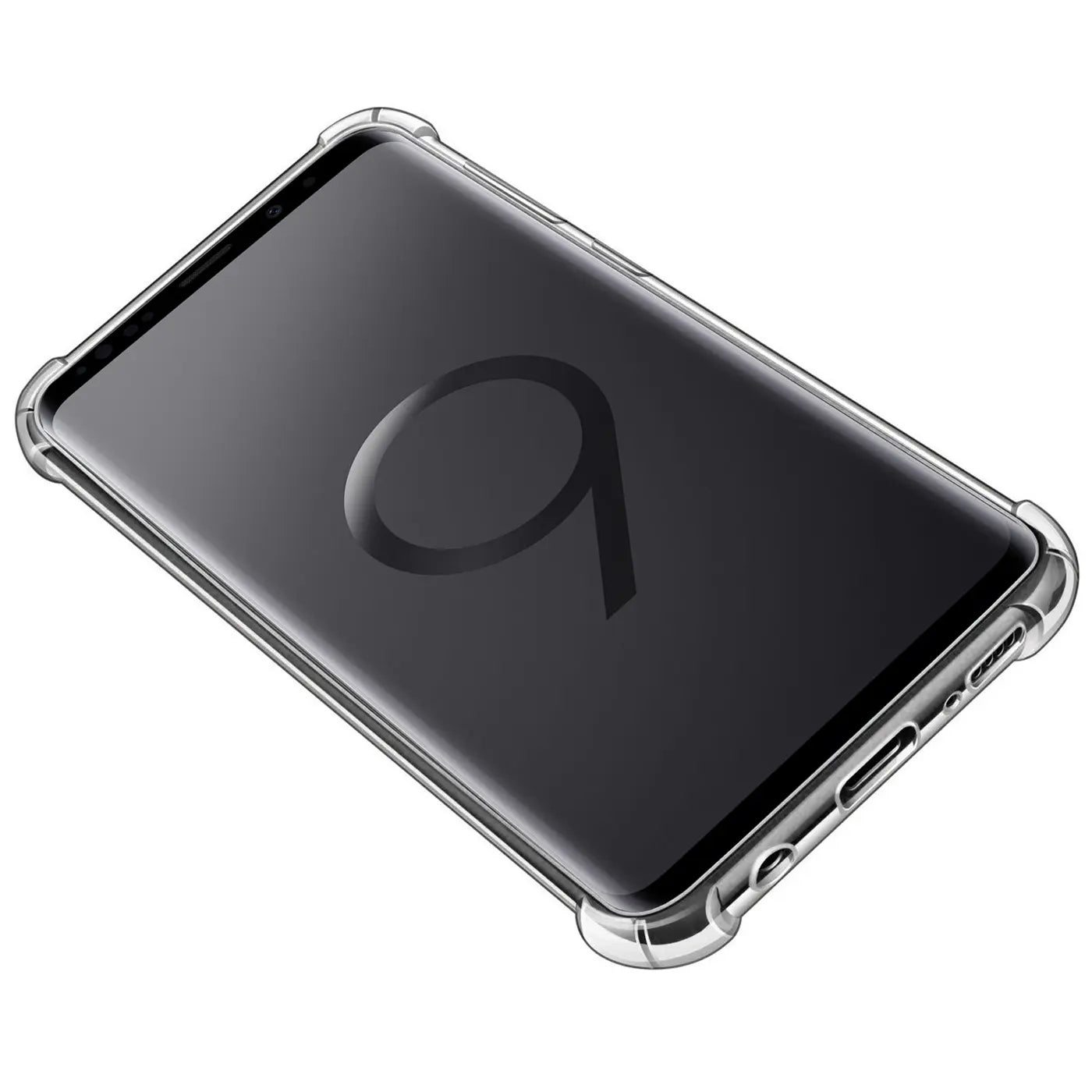 Transparente Hülle aus Kunststoff mit verstärkten Ecken um ein Samsung Galaxy S9.