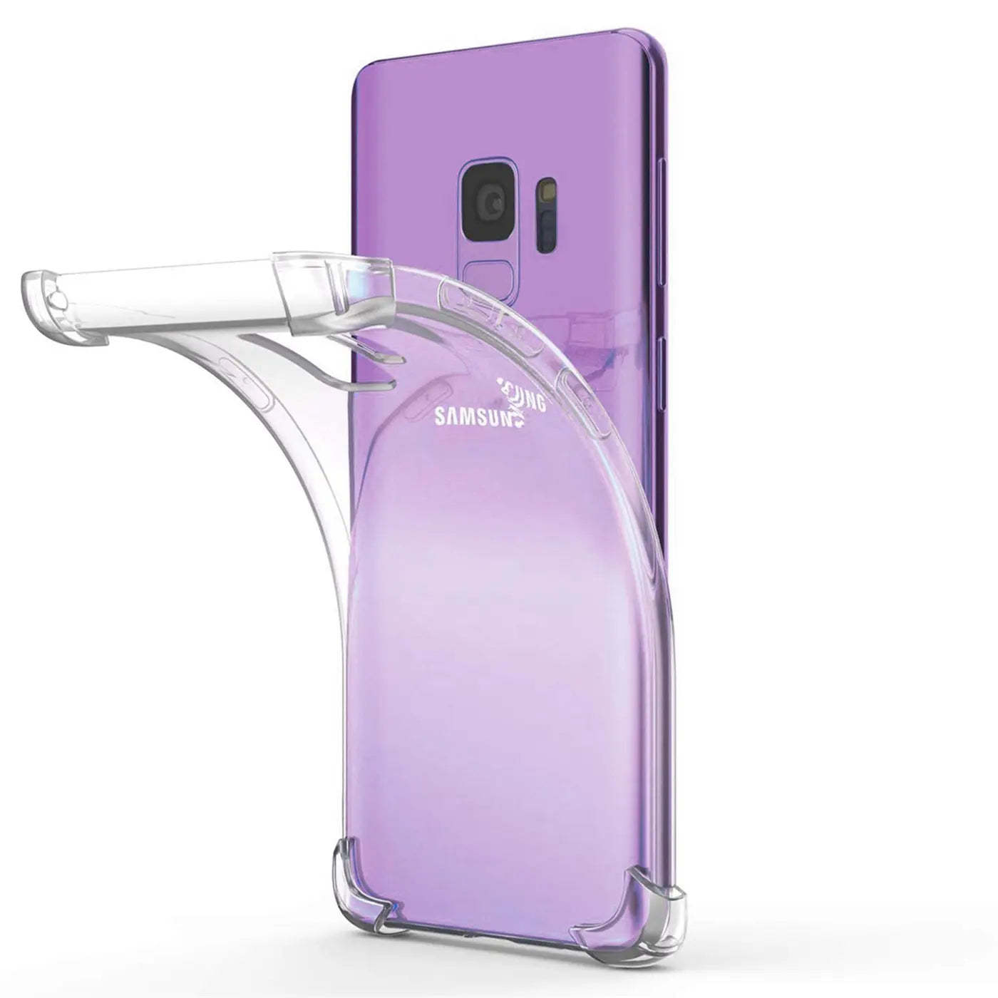 Lila Samsung Galaxy S9 mit transparenter Schutzhülle, von hinten/seitlich betrachtet.