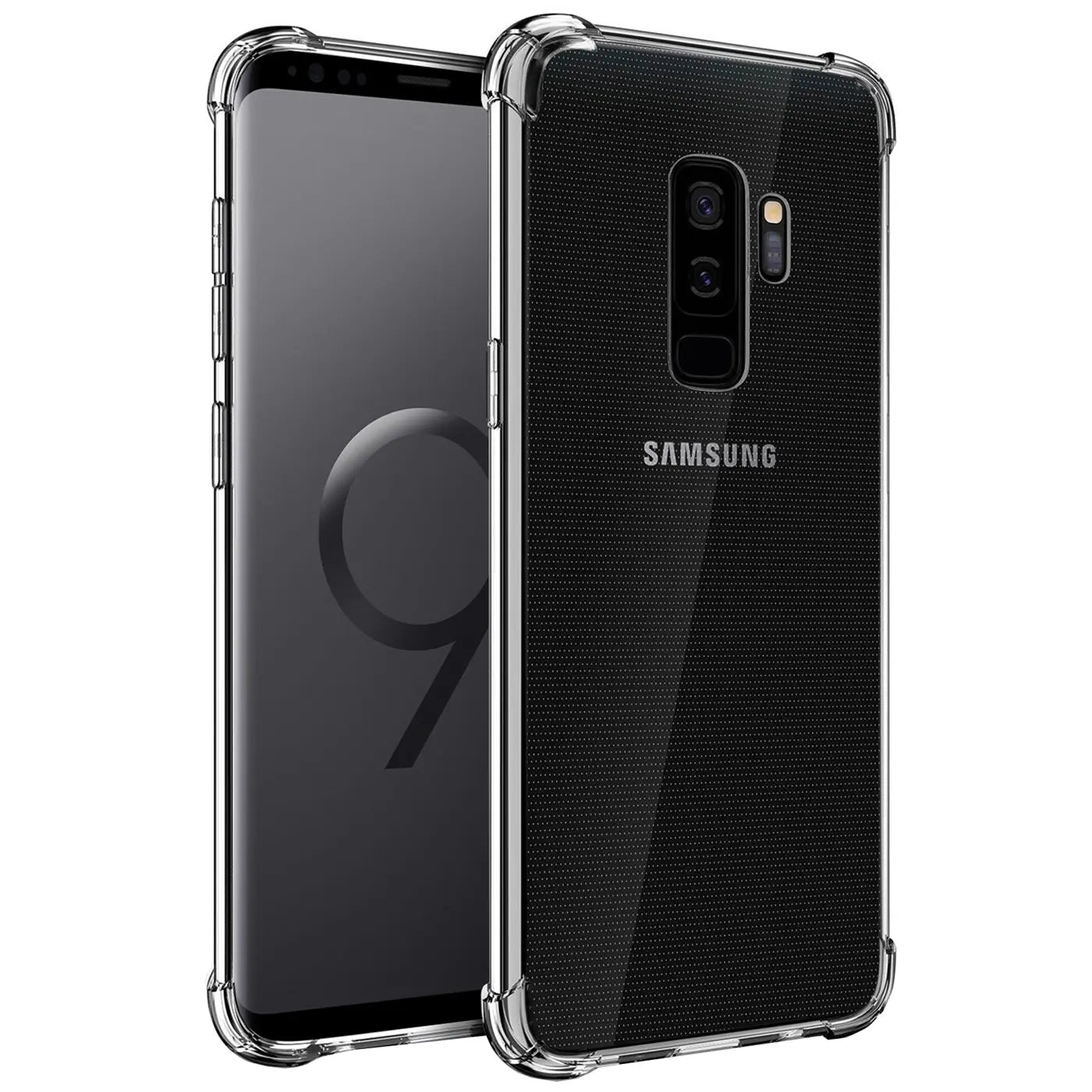 Samsung Galaxy S9 Plus in transparenter Hülle, von schräg vorne, Rückseite sichtbar.