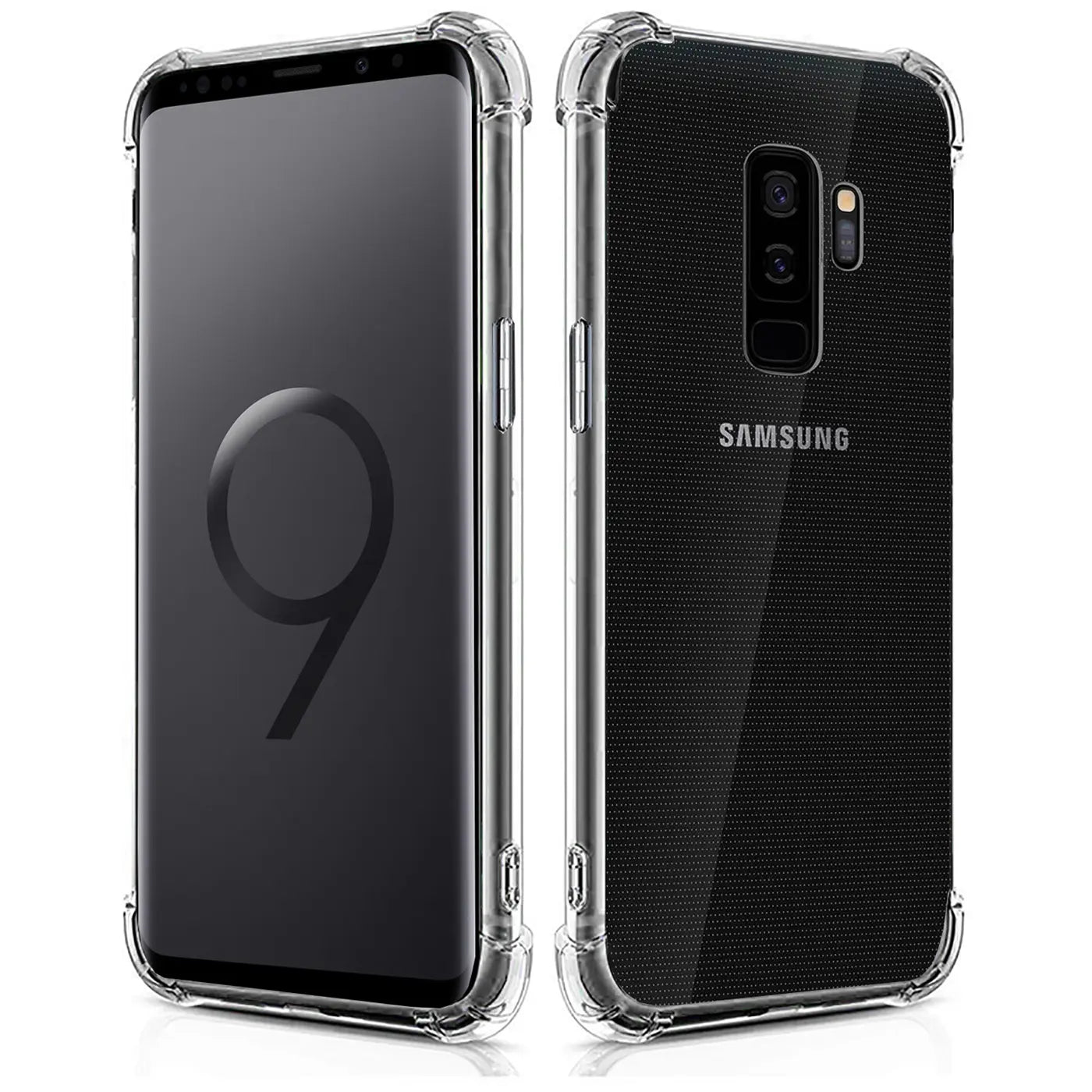 Samsung Galaxy S9 Plus in klarer, stoßfester Hülle, Vorder- und Rückansicht, Kunststoff