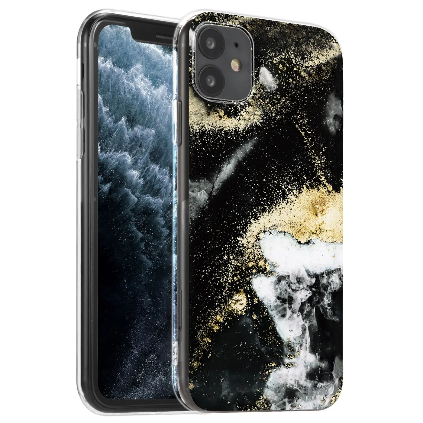 iPhone 11 Hülle, schwarz/gold/weiß Marmor-Design, von vorne schräg