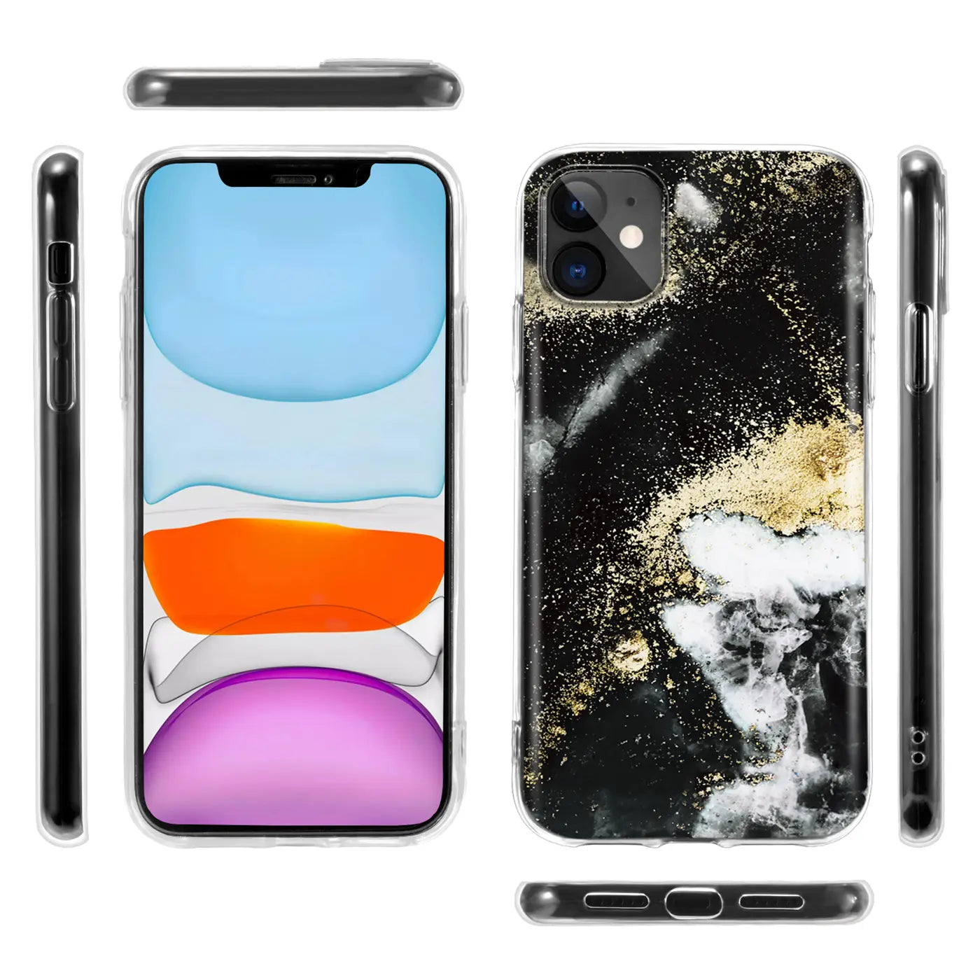 iPhone 11 Hülle mit Marmor-Sand-Design, schwarz/gold/weiß, aus Kunststoff, Front- und Seitenansicht.