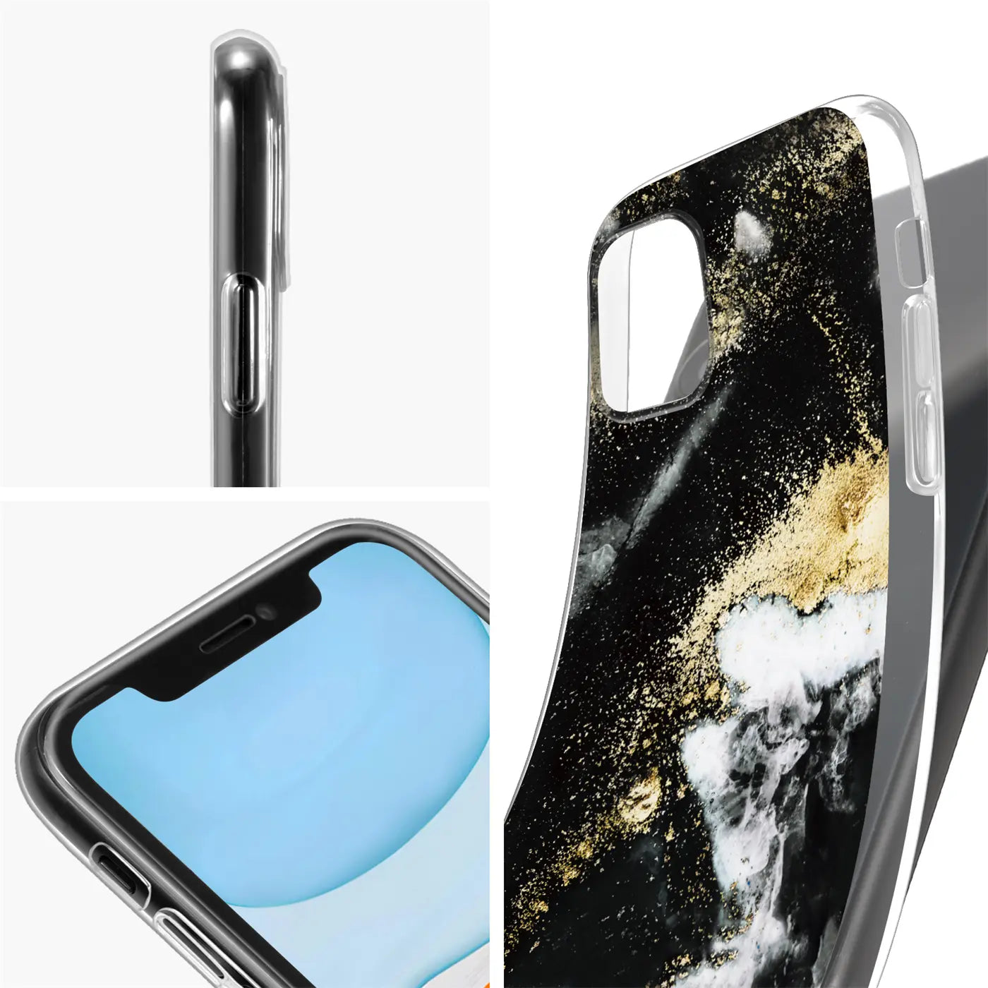 iPhone 11 Hülle, schwarz/gold Marmor/Sand-Design, klare Kanten, von oben und Seite