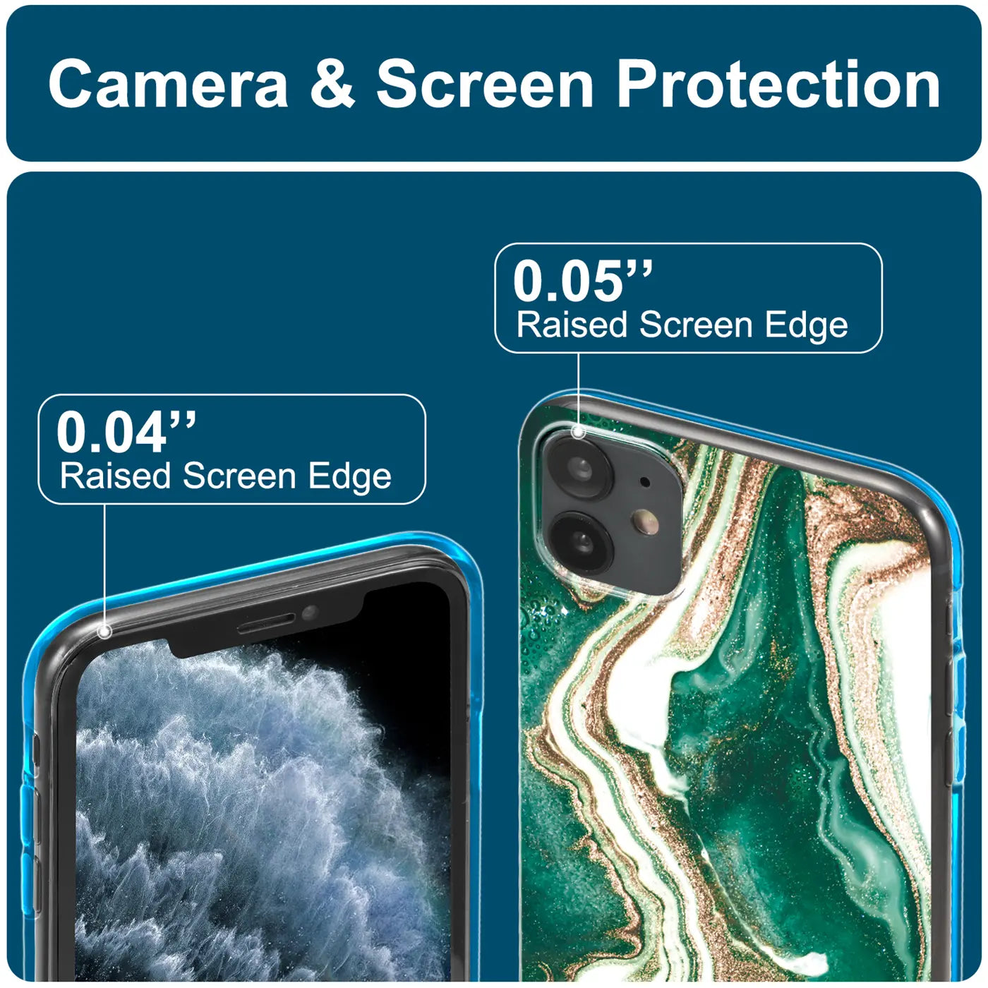 iPhone 11 Hülle mit Marmor-Sand-Design, grün/gold. Nahaufnahme, Rückseite und Vorderseite.
