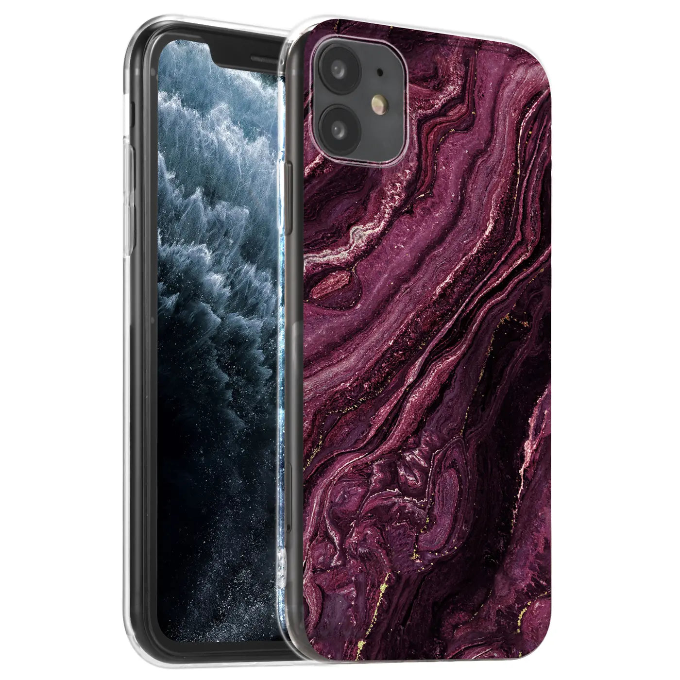 iPhone 11 Hülle mit lila Marmor-Muster, klare Rückseite, von vorne