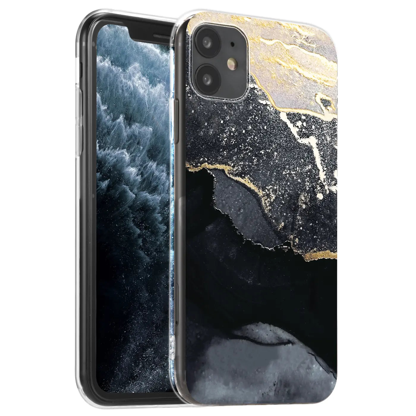 iPhone 11 Hülle, Marmor/Sand-Design, schwarz/gold, transparente Rückseite, von vorne