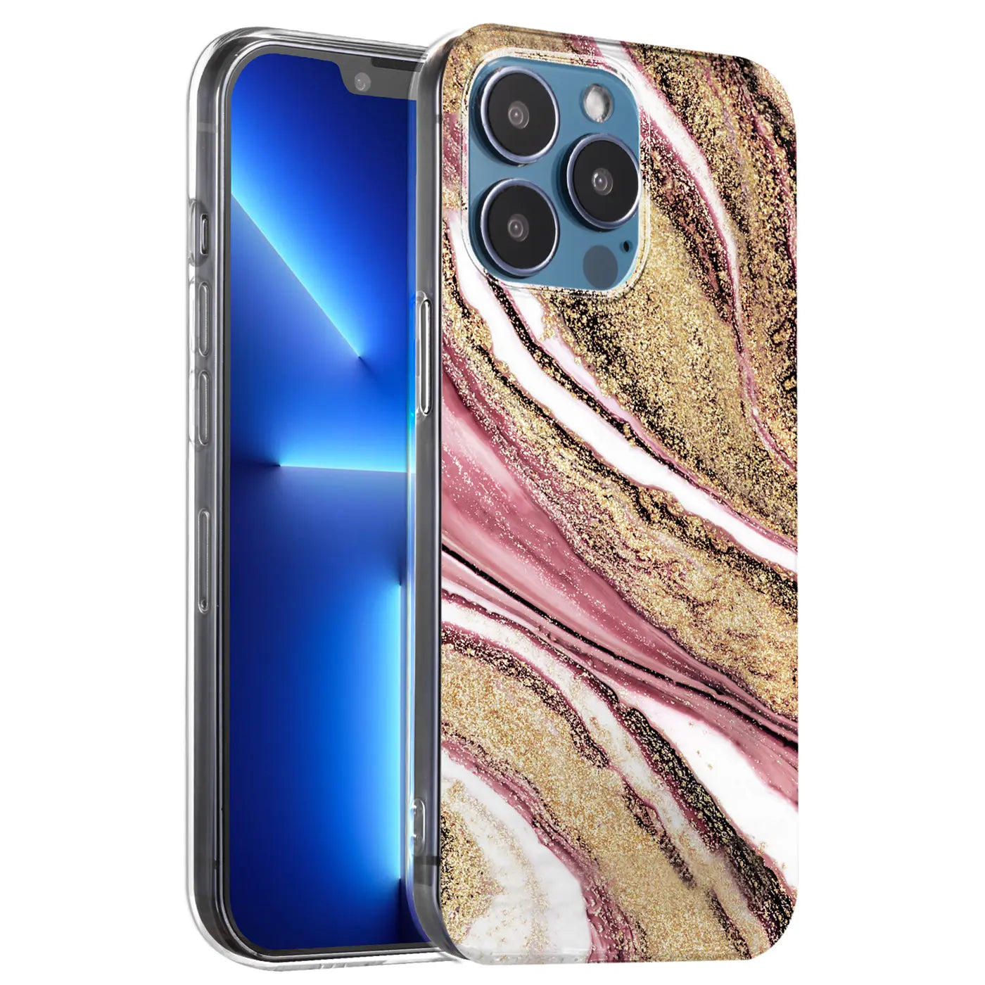 iPhone 11 Pro Max Hülle mit Marmor- & Sanddesign, pink/gold. Nahaufnahme.