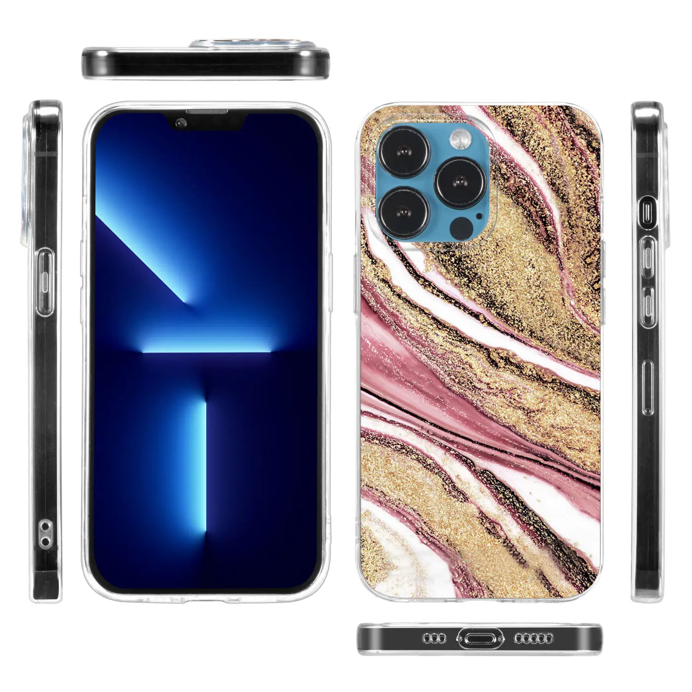 iPhone 11 Pro Max Hülle, Marmor-Muster, Pink/Gold, von vorne, Seite, oben, unten