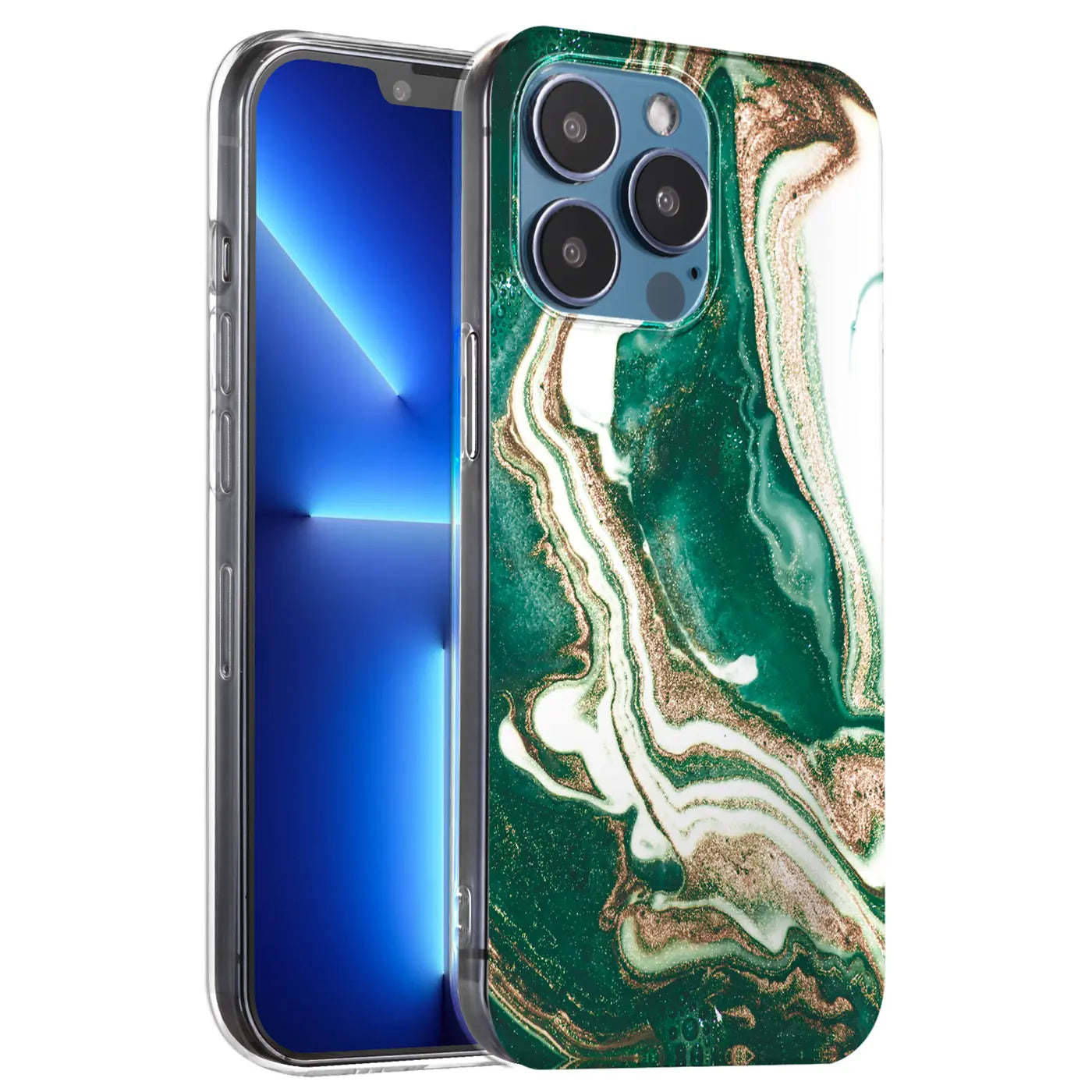iPhone 11 Pro Max Hülle mit grünem Marmor-Muster, von vorne, transparentes Material.