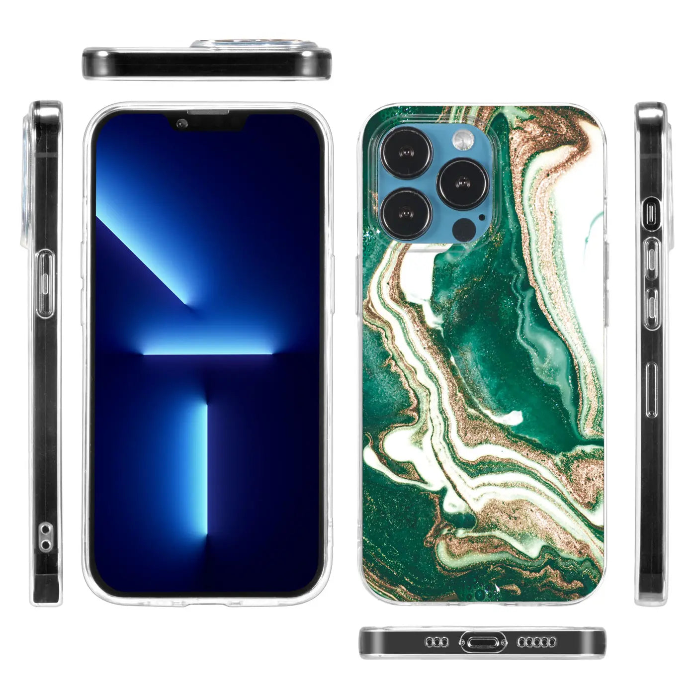 iPhone 11 Pro Max Hülle, Marmor-Design, grün/gold/weiß, verschiedene Ansichten