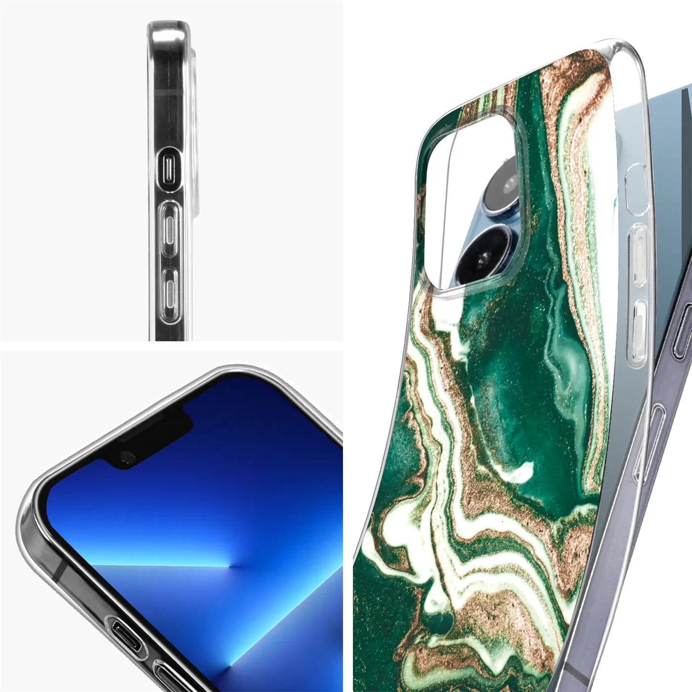 Grüne Marmor-Hülle mit Goldakzenten, seitliche Ansicht und Vorderseite eines iPhones.