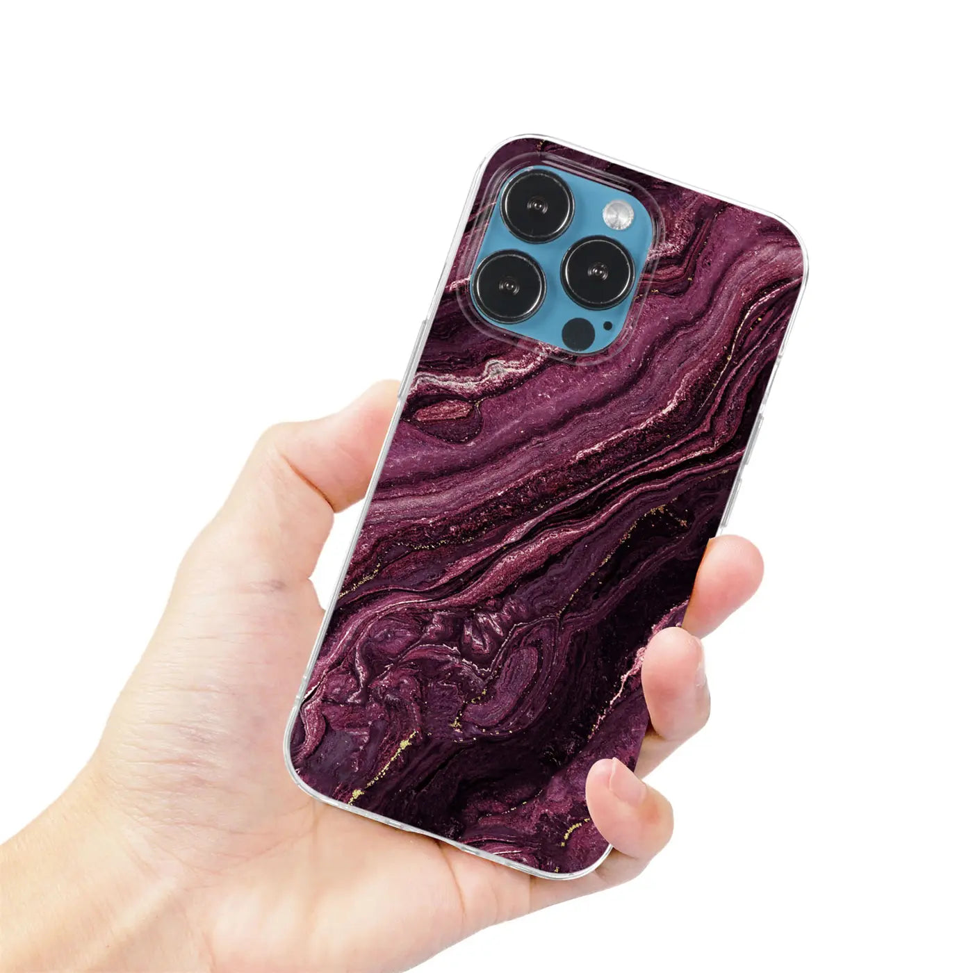 iPhone 11 Pro Max Hülle mit lila Marmor-Muster, von oben rechts gezeigt.