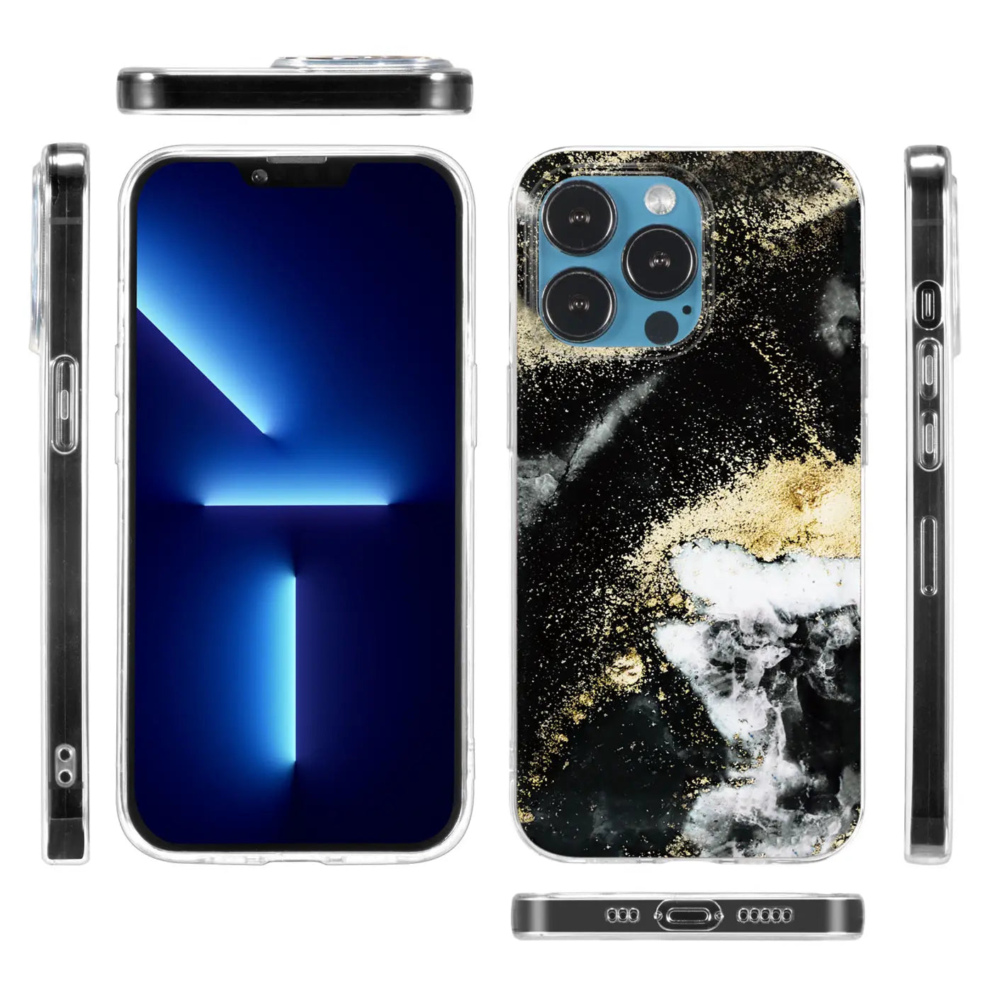 iPhone 11 Pro Hülle, Marmor/Sand-Design, Schwarz/Gold, von vorne, Seite, oben, unten