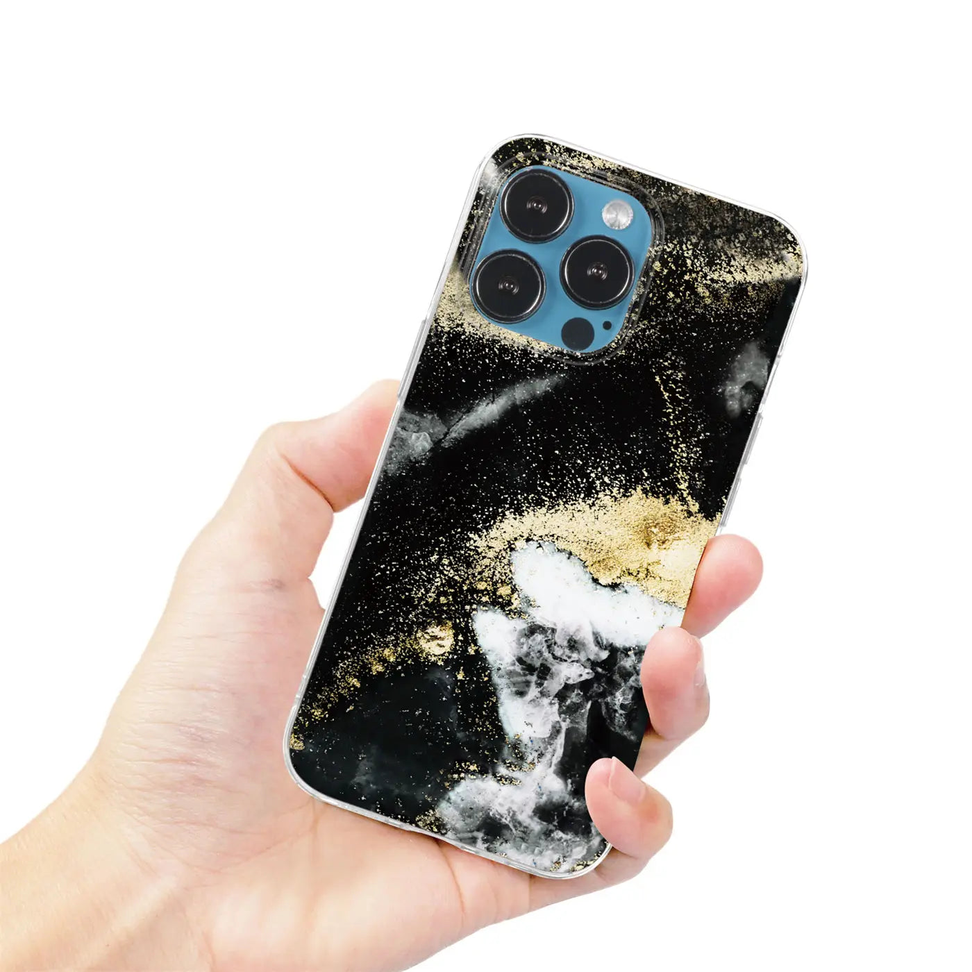 iPhone 11 Pro Hülle, schwarz/gold Marmor-Design, von vorne leicht schräg gehalten.