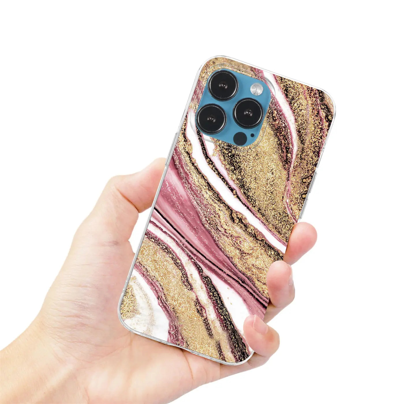 iPhone 11 Pro Hülle mit Marmor- & Sand-Design, rosa/gold, von vorne schräg gehalten.