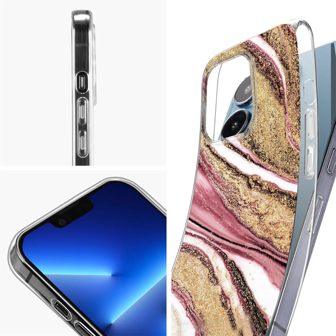 iPhone 11 Pro Hülle, Marmor/Sand-Design, transparent, Seitenansicht, Vorderansicht