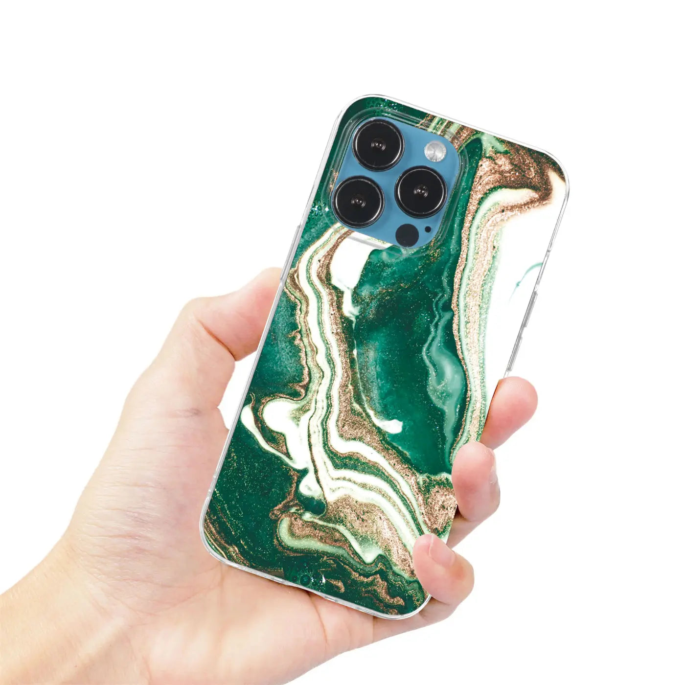 iPhone 11 Pro Hülle mit grünem Marmor-Muster, von vorne gehalten