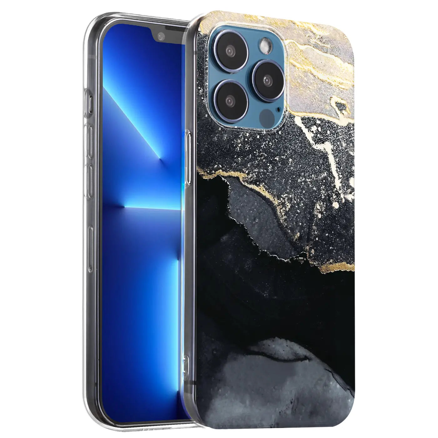 iPhone 11 Pro Hülle, schwarz/gold Marmor-Design, von vorne/leicht schräg