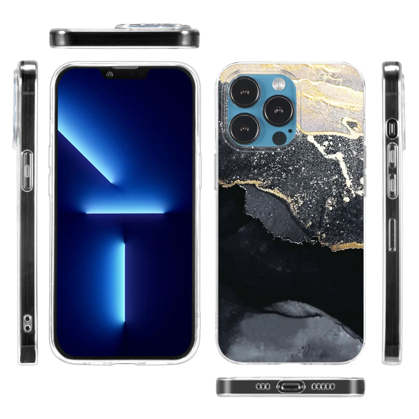 iPhone 11 Pro Hülle, Marmor-Sand-Design, Schwarz/Gold, Kunststoff, verschiedene Ansichten