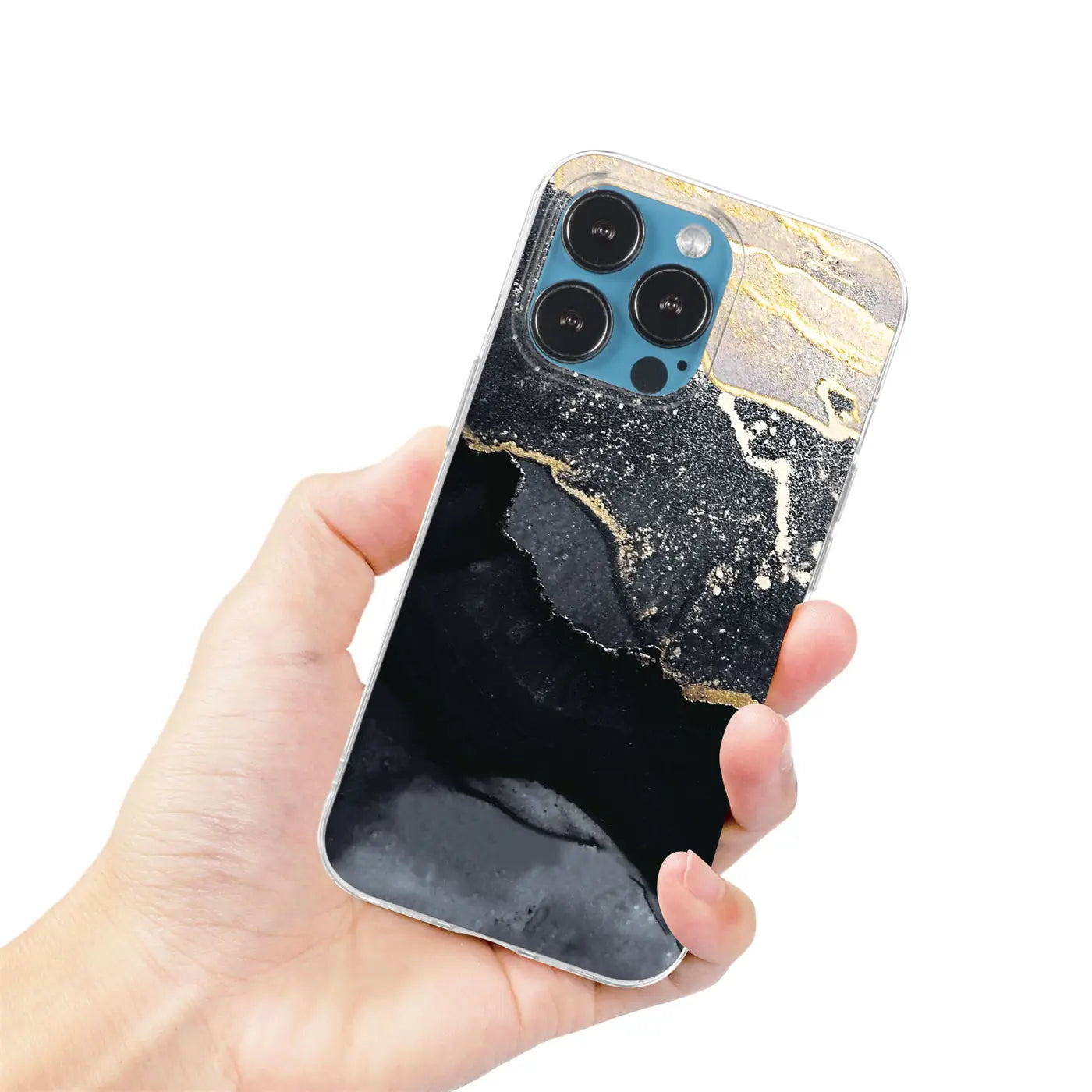 iPhone 11 Pro Hülle, Marmor-Sand-Design, Schwarz/Gold, von vorne links gehalten.