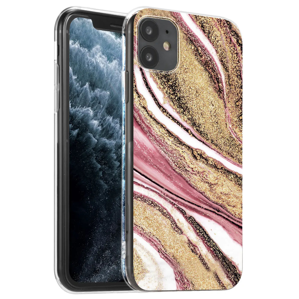 iPhone 12 Mini Hülle, Marmor & Sand Design, Pink/Gold, von vorne/leicht seitlich