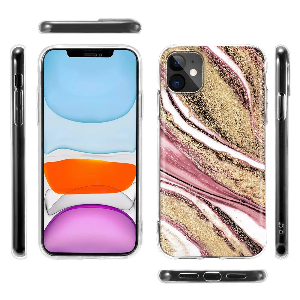 iPhone 12 Mini Hülle, Marmor & Sand Design, pink/gold, Vorder- und Rückansicht