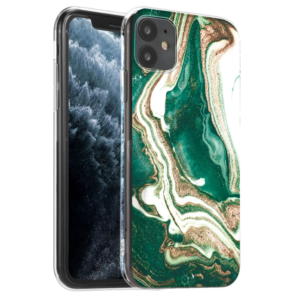 iPhone 12 Mini Hülle, Marmor & Sand Design, grün/gold/weiß, Kunststoff, Seitenansicht
