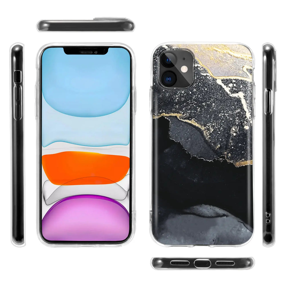 iPhone 12 Mini Hülle, Marmor/Sand-Design, Schwarz/Gold, klare Rückseite, verschiedene Ansichten