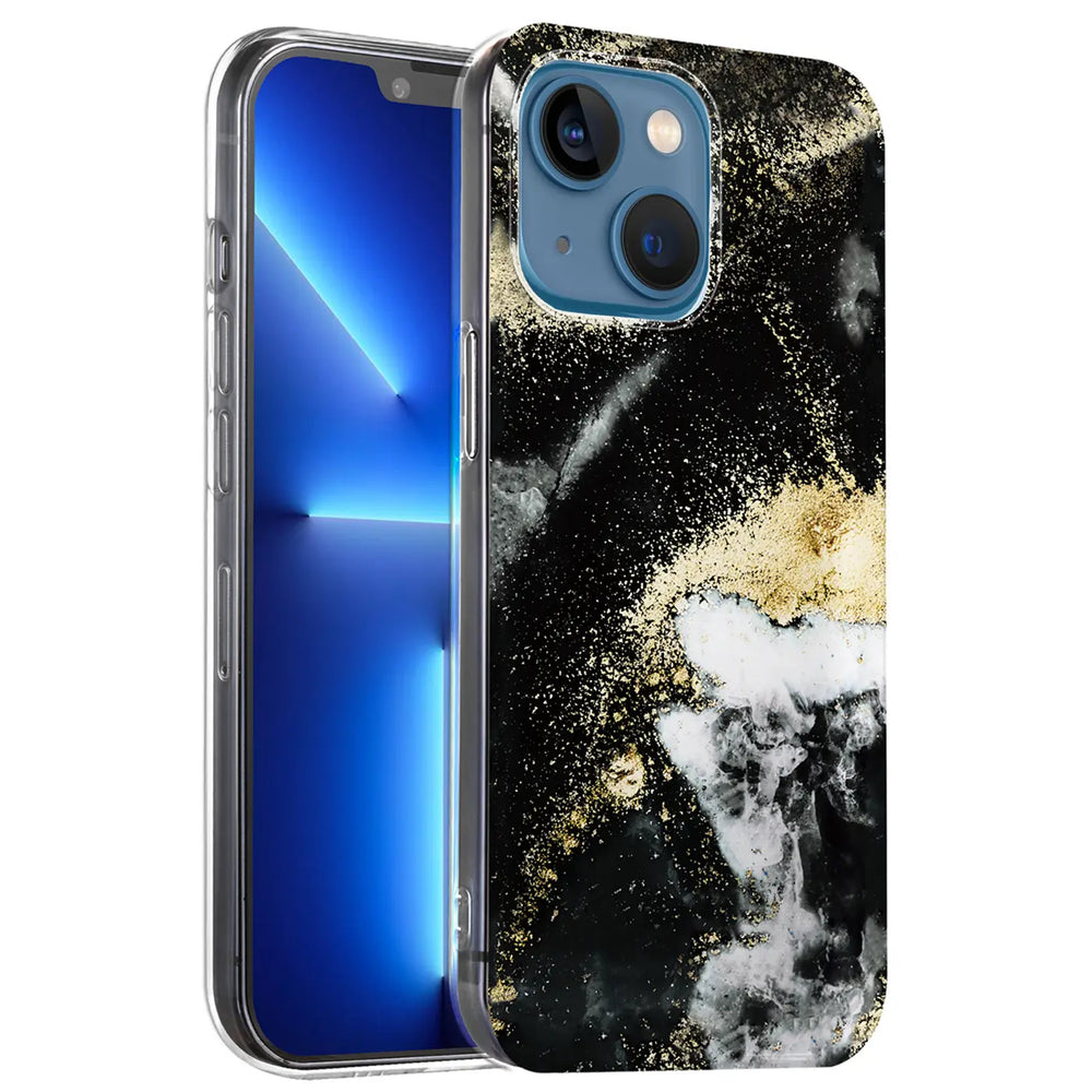 iPhone 13 Mini Hülle mit Marmor-Sand-Design, schwarz/gold/weiß, von vorne schräg