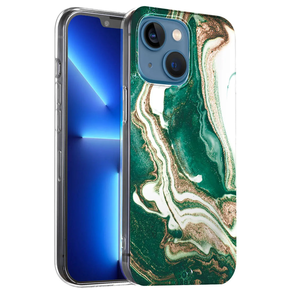 iPhone 13 Mini Hülle, grün-weißer Marmor mit goldenen Akzenten, von vorne schräg