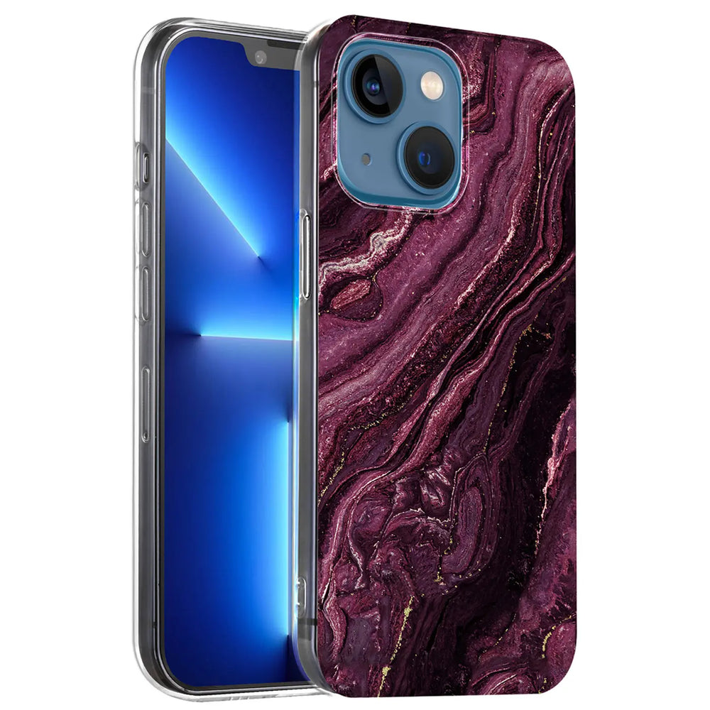 iPhone 13 Mini mit lila Marmor-Hülle, von vorne links, transparentes Material