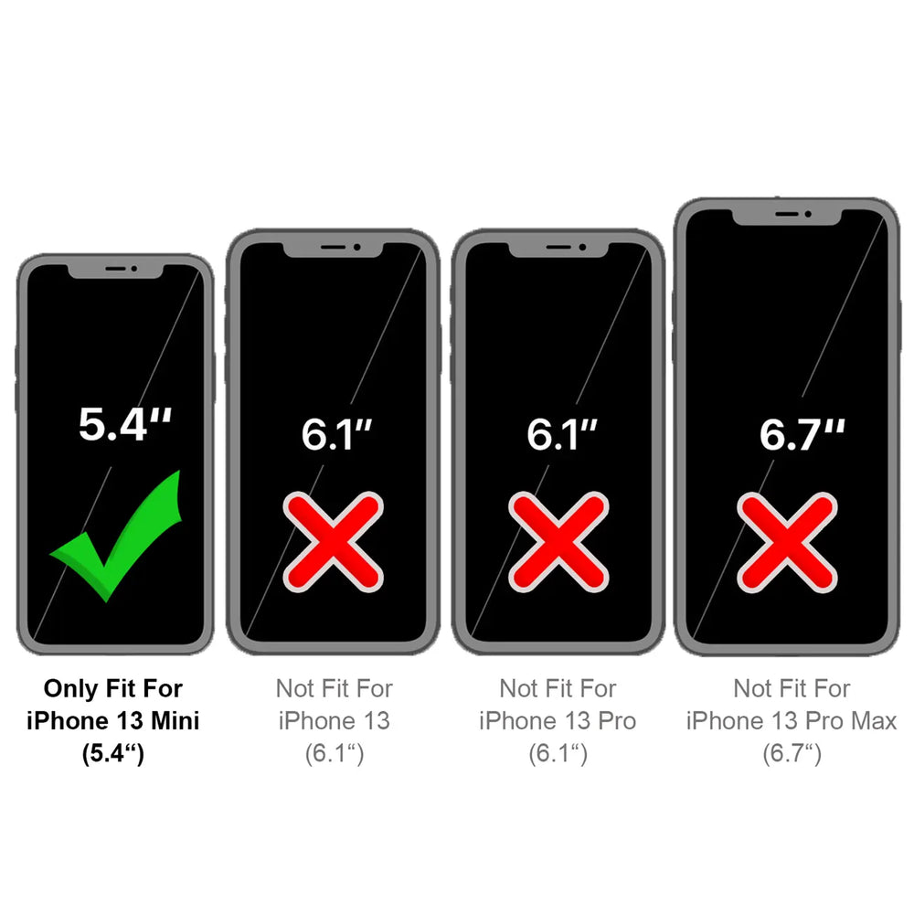 Vier iPhone-Modelle: 5.4" mit Häkchen, 6.1" mit Kreuz, 6.1" mit Kreuz, 6.7" mit Kreuz.