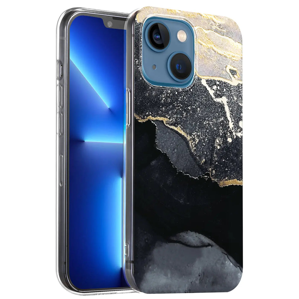 iPhone 13 Mini Hülle, Marmor/Sand-Design, Schwarz/Gold, von vorne leicht schräg