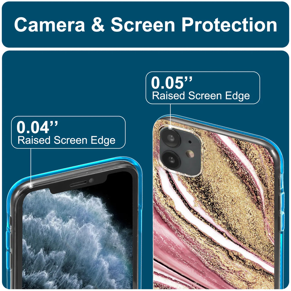 iPhone 13 Hülle, Marmor-Design, rosa/gold, Rückansicht, Nahaufnahme