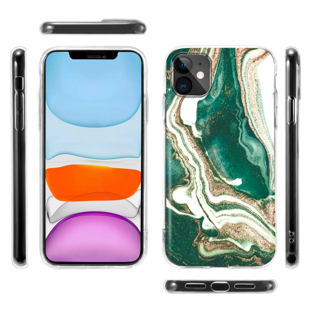 iPhone 13 Hülle, grün-goldenes Marmordesign, von vorne und Seite gezeigt