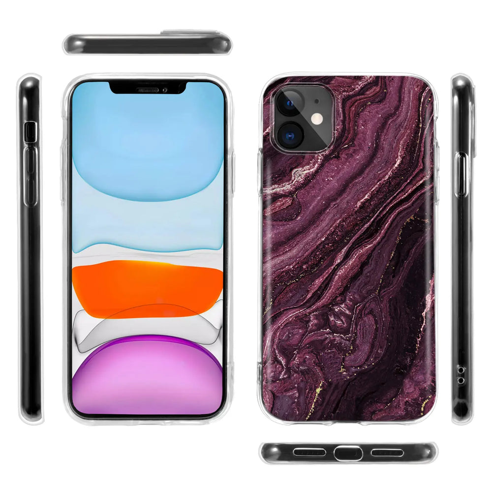 iPhone 13 Hülle, lila Marmor-Design, Kunststoff, verschiedene Ansichten.