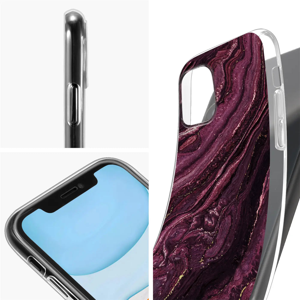 iPhone 13 Hülle, Marmor-Design, lila/gold, transparente Rückseite, Seitenansicht.