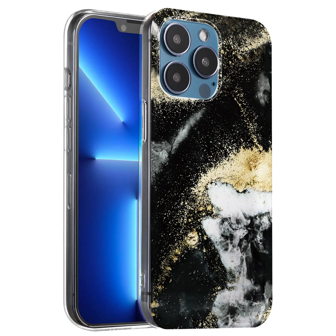 iPhone 13 Pro Max Hülle, schwarz/gold Marmor-Design, von vorne links, Kunststoff
