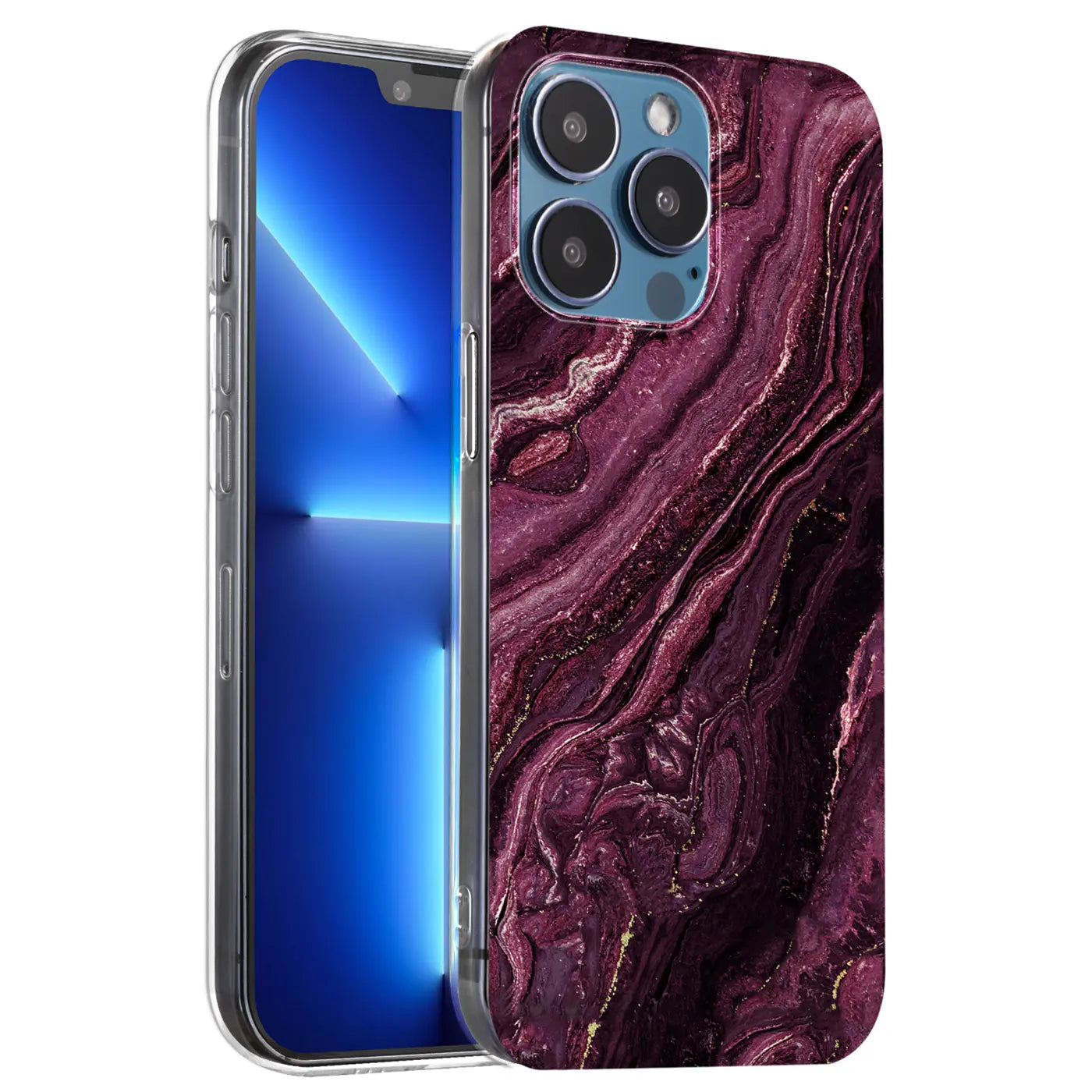 iPhone 13 Pro Max Hülle, lila Marmor-Design, von vorne schräg.